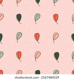 Cute red, pink and green hand drawn leaves seamless vector pattern background illustration with white confetti