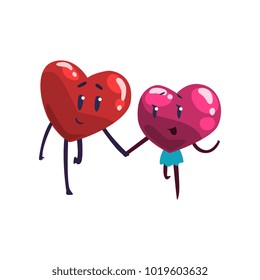 Cute red and pink hearts characters holding hands, funny couple in love. Happy Valentines Day concept cartoon vector Illustration