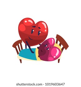 Cute red and pink hearts characters lying in the bed, funny couple in love. Happy Valentines Day concept cartoon vector Illustration