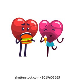 Cute red and pink hearts characters eating together, funny couple in love. Happy Valentines Day concept cartoon vector Illustration