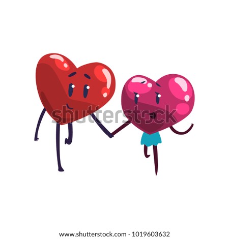Cute red and pink hearts characters holding hands, funny couple in love. Happy Valentines Day concept cartoon vector Illustration