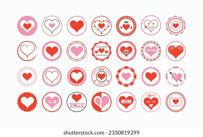 Cute red and pink isolated pointy heart shape symbols circle assorted emblem stamps icons set design elements on white background
