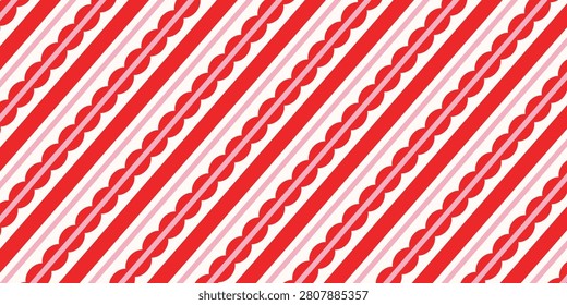 Cute Red and Pink Scalloped Stripes Seamless Pattern for Valentine's Day, Fabric, and Backgrounds