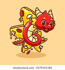 Cute Red Pizza Dragon Cartoon Vector Icon Illustration. Animal Food Icon Concept Isolated Premium Vector. Flat Cartoon Style