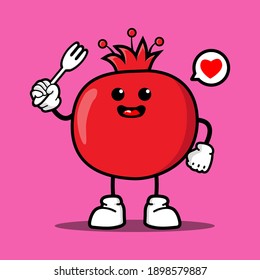 cute red pomegranete cartoon mascot character funny expression holding fork