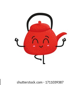 Cute red porcelain teapot standing on one leg. Yoga exercise and balance practice. Funny cartoon character vector illustration.