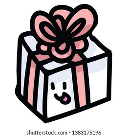 Cute red present box cartoon with kawaii face vector illustration motif set. Hand drawn birthday gift wrapping ribbon. Pastel christmas party graphics. Decorative suprise web buttons.