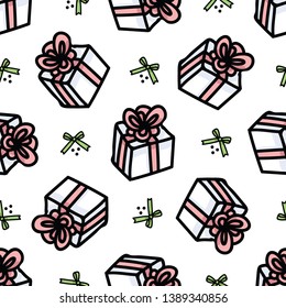 Cute red present box cartoon seamless vector pattern. Hand drawn birthday gift wrapping ribbon. Pastel christmas party tile. Decorative suprise repeating fill.