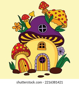 Cute red purple mushroom house and flowers on the top coloring illustration vector artwork
