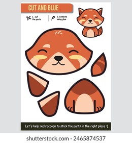 Cute red raccoon vector illustration for kids educational cut and glue paper game