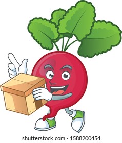 Cute red radish cartoon character style holding a box