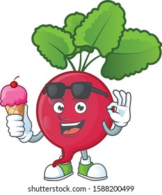 Cute red radish cartoon character with ice cream