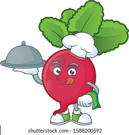 Cute red radish as a Chef with hat and tray cartoon style design