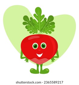 Cute red radish vegetable character in flat style. Vegan fun design colorful. Stock vector illustration isolated on white background