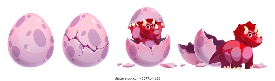 Cute red reptile hatching sequence - spotted pink egg cracking and revealing smiling baby dinosaur. Series of frames showing birth process for animation, game development or children storybook.