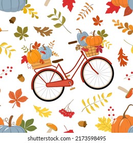 Cute red retro bike with autumn pumpkins, dry fall leaves, red rowan berries, and forest mushrooms. Isolated on white background. Vector illustration.