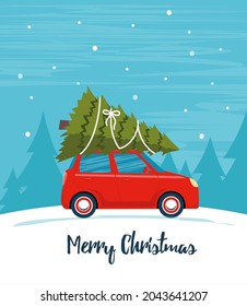 Cute red retro car with christmas tree on the roof. Merry christmas and happy new year greeting card, postcard, poster, banner, invitation design. Merry Christmas. Happy New Year. Vector illustration