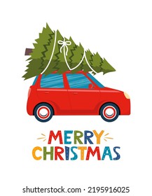 Cute red retro car with christmas tree on the roof. Merry christmas lettering for greeting card, postcard, poster, banner, invitation design. Vector illustration