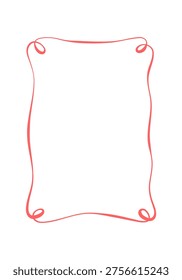 Cute red ribbon frame with hand drawn curly border. Romantic whimsical wedding card layout as vertical rectangle. Decorative minimal outline for invite or valentine menu, simple love decoration on