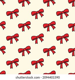 Cute Red Ribbon Seamless Pattern. Background for Winter December, Valentine, Mothers day. Gift Ribbon. Holiday Season. Bow Tie Endless Wallpaper