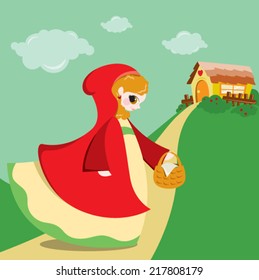 cute red riding hood going to her grandma's hut in the forest