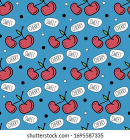 Cute red ripe cherries with leaf on blue background with text "sweet cherry". Cherry vector seamless pattern. Design for wrapping paper, textile, fabric, print, scrapbook paper.
