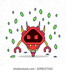 Cute red robot with fallen leaves icon illustration. Flat cartoon character design. Suitable for mascot and graphic resources.