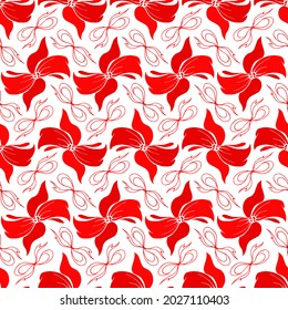 Cute red romantic bowknots seamless pattern. Pretty flat bows abstract endless texture for fabric, textile, cosmetics, package, stationery, wrapping paper, background. Cheerful festive doodle design.
