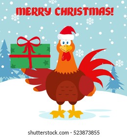 Cute Red Rooster Bird Cartoon Mascot Character With Santa Hat Holding Gifts. Vector Illustration Flat Design With Snow Background And Text Merry Christmas