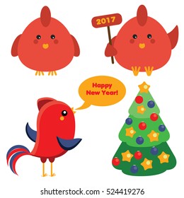 Cute red roosters and christmas spruce tree in cartoon style, 2017 new year symbol. Isolated icons, design elements. vector illustration for winter holidays greetings, stickers