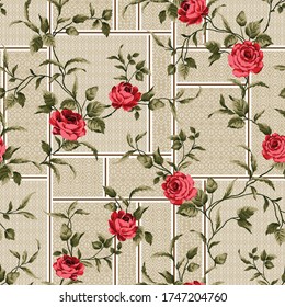 cute red rose vector flowers with leaves pattern on negative bandanna cream background