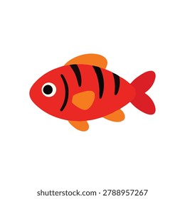 Cute red round fish cartoon character vector illustration. Flat tropical marine tiger fish with black stripes icon isolated on white background
