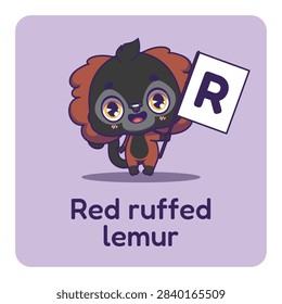 Cute red ruffed lemur holding flag with letter R for fun educational purposes, illustrations