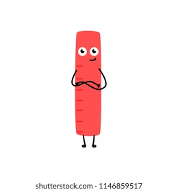 Cute red ruler character with standing with arms crossed smiling. Happy humanized education and back to school symbol with arms, legs facial emotions. Vector isolated illustration