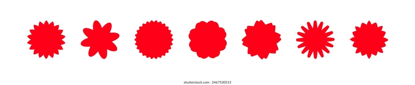 Netter roter Verkaufstag. roter Sternburst-Satz, bester Verkaufsticker, Qualitätszeichen, Promo-Aufkleber, Preis-Tag, Sonderangebot. Flache Vektorillustration isoliert auf weißem Hintergrund.