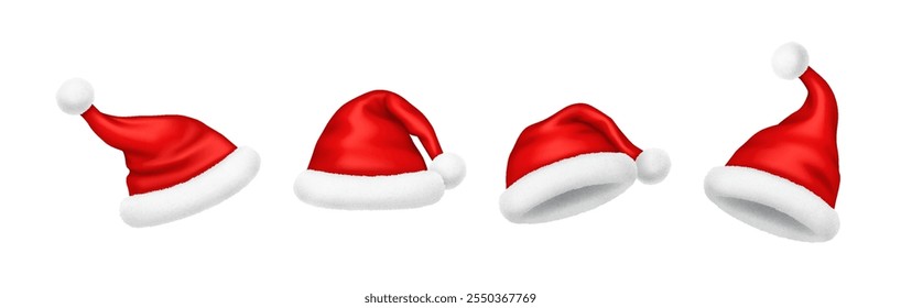 Bonitos chapéus de Papai Noel vermelhos com pompoms macio conjunto de ilustração vetor realista. Comemorando as férias de Natal modelos 3d no fundo branco