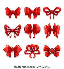 Cute red satin bows set, vector isolated elements on white background