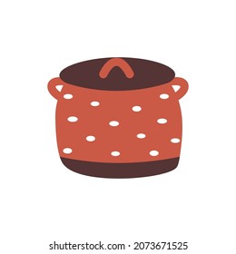 Cute red saucepan with lid and polka dot pattern. Kitchen utensils, dishes for cooking hot dishes, soups. Colorful vector illustration hand drawn isolated