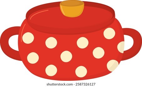 Cute red saucepan with polka dots isolated on a transparent background. Illustration with kitchenware utensil in simple style