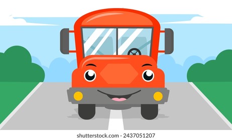 Cute red school bus on the road vector flat design illustration.