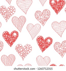 Cute  red scribbled hearts vector seamless pattern with white background.