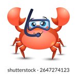 Cute Red scuba diving crab on holiday. Vector summer illustration with a Cute Crab in a scuba diving mask. Graphic children