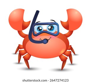 Cute Red scuba diving crab on holiday. Vector summer illustration with a Cute Crab in a scuba diving mask. Graphic children's print.