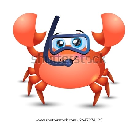 Cute Red scuba diving crab on holiday. Vector summer illustration with a Cute Crab in a scuba diving mask. Graphic children's print.