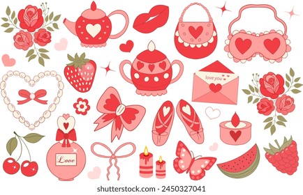 Conjunto rojo lindo estilo coqueta retro de los años 90 con hermosos platos, arco, perfume, cereza. Princesa colección. Amor San Valentín Day.Ilustración vectorial