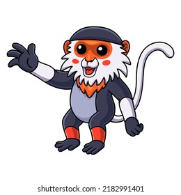 Cute red shanked douc monkey cartoon waving hand