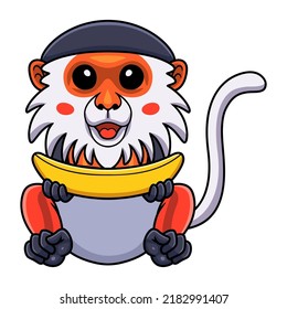 Cute red shanked douc monkey cartoon holding a banana