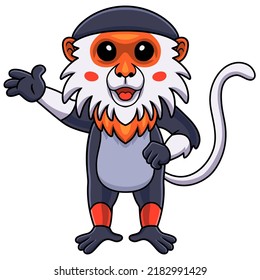 Cute red shanked douc monkey cartoon waving hand