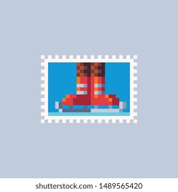 Cute red skates on ice, vintage postmark template pixel art icon. Design for logo, sticker and mobile app. Poster, picture cartoon flat style. Isolated vector illustration. 