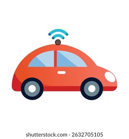 Carro inteligente vermelho bonito com ilustração do vetor do desenho animado da antena do wifi